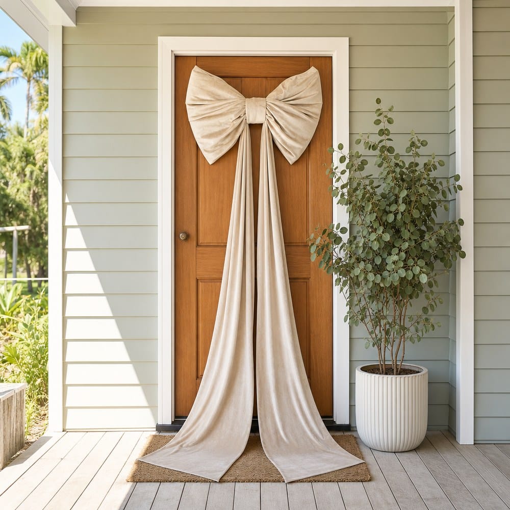 Giant Cream Velvet Bow on a front door, styled in an Australian Christmas setting