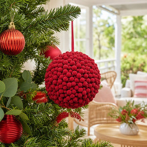 Crimson Flocked Berry Bauble on a decorated Christmas tree