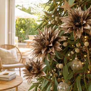 Champagne Metallic Double-Head Floral Stem on a decorated Christmas tree