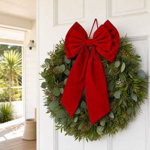 Double Layer Flocked Burgundy Bow styled in an Australian Christmas setting