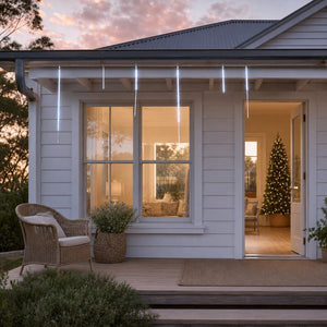 LED Rainfall Tube Lights Cool White (4.8m) styled in an Australian Christmas setting
