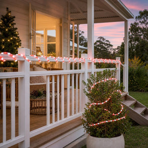 LED Candy Flashing Ropelight (20m) styled in an Australian Christmas setting