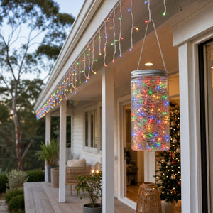 200 Battery LED Multi Icicle Lights in Jar styled in an Australian Christmas setting