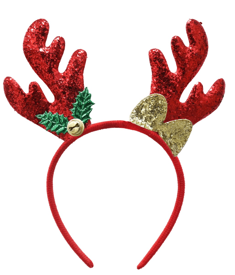 Glitter Antlers with Holly Bow Headband 3 Asst