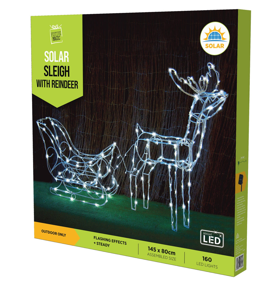 LED Solar Sleigh With Reindeer (White)