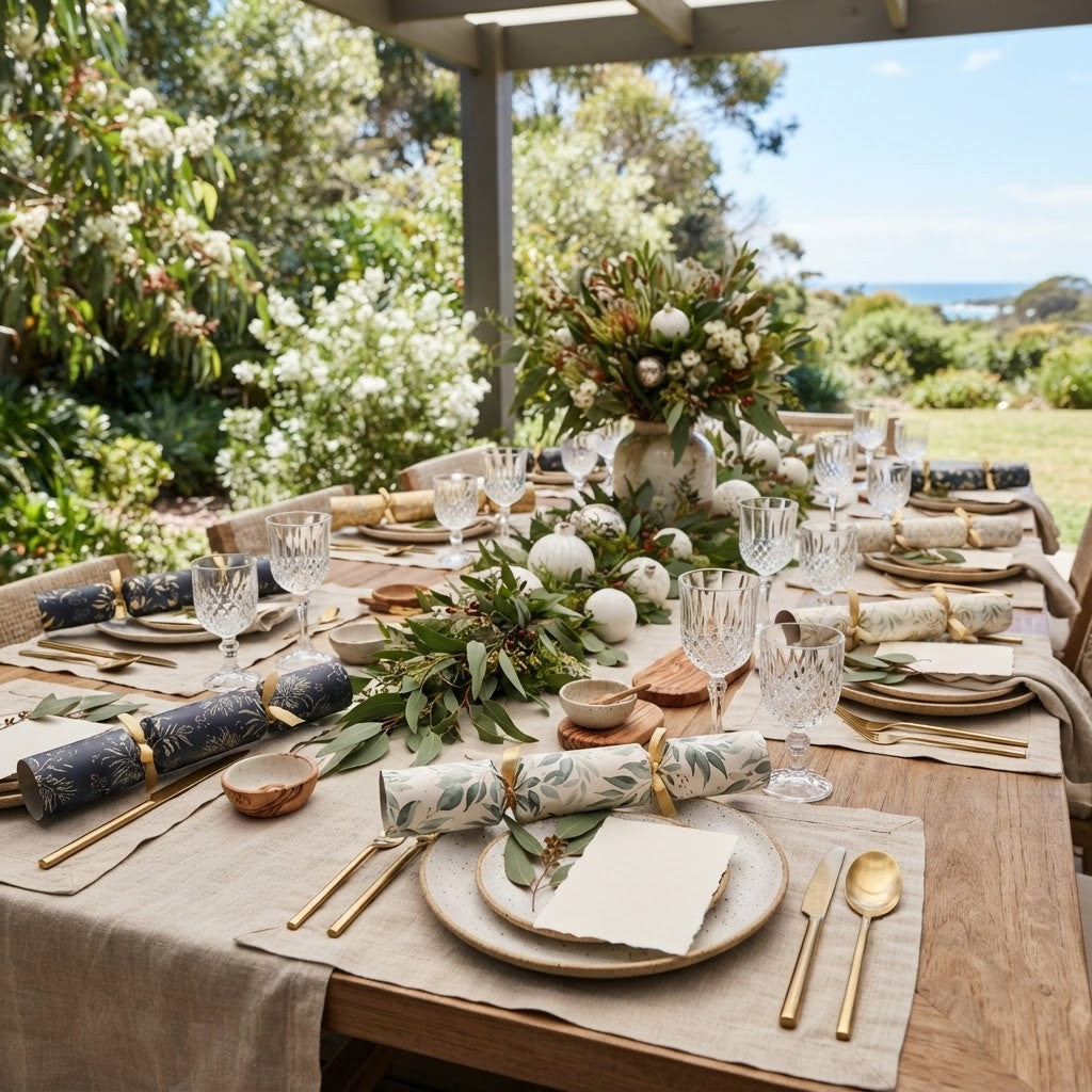Christmas bon bons and festive Australian Christmas table setting
