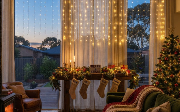 Warm white LED curtain lights hanging across a window at dusk