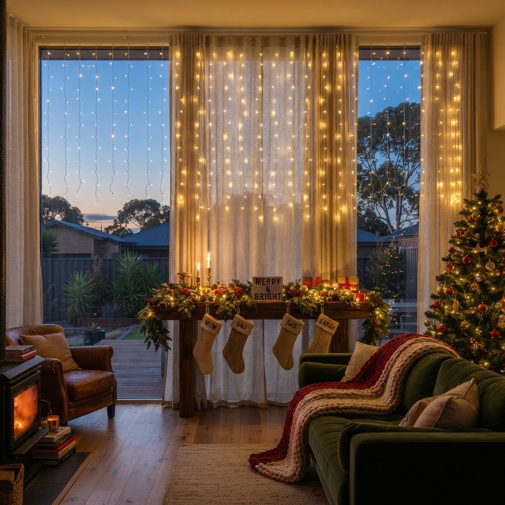 Warm white LED curtain lights hanging across a window at dusk