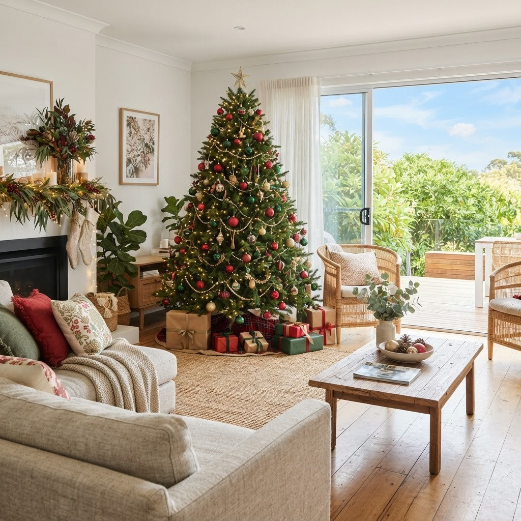 Christmas tree styled in a classic red and green palette in a bright Australian living room