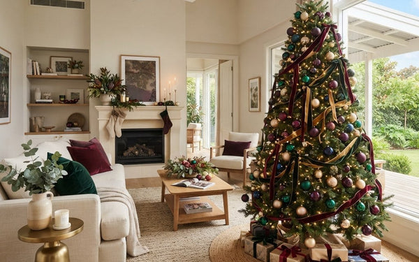 Australian living room styled with 2026 Christmas decoration trends: jewel tone and champagne gold baubles on a decorated tree