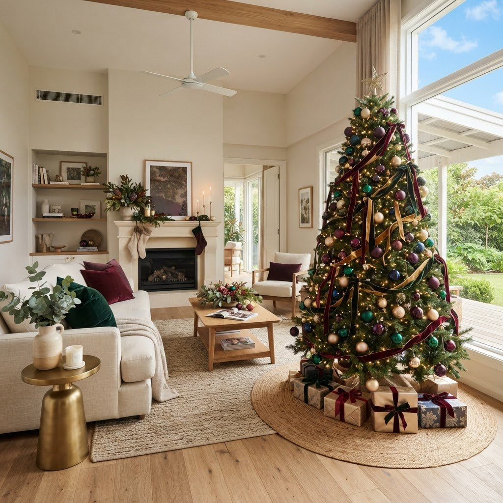 Australian living room styled with 2026 Christmas decoration trends: jewel tone and champagne gold baubles on a decorated tree