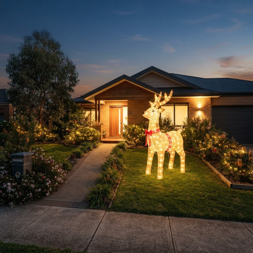 Christmas inflatable reindeer as the centrepiece of an Australian front-yard display