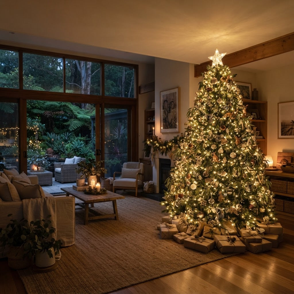 Australian Christmas tree lit with dense warm white cluster lights