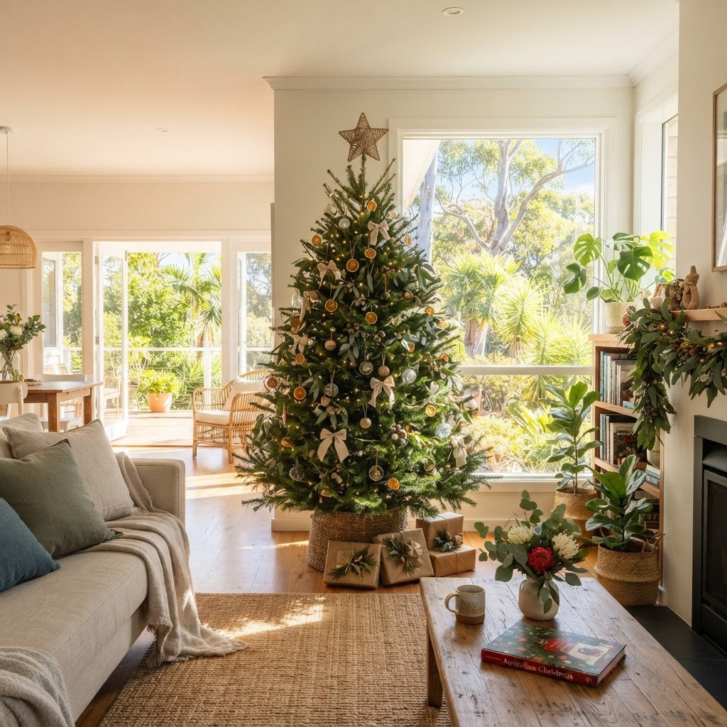 Christmas decorations in a sunlit Australian living room