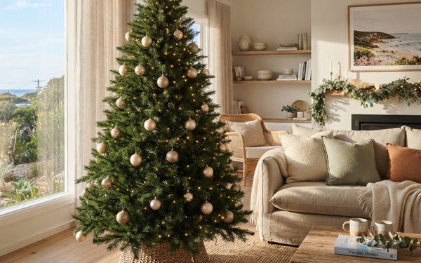 Realistic PE artificial Christmas tree with warm white lights in a bright Australian living room