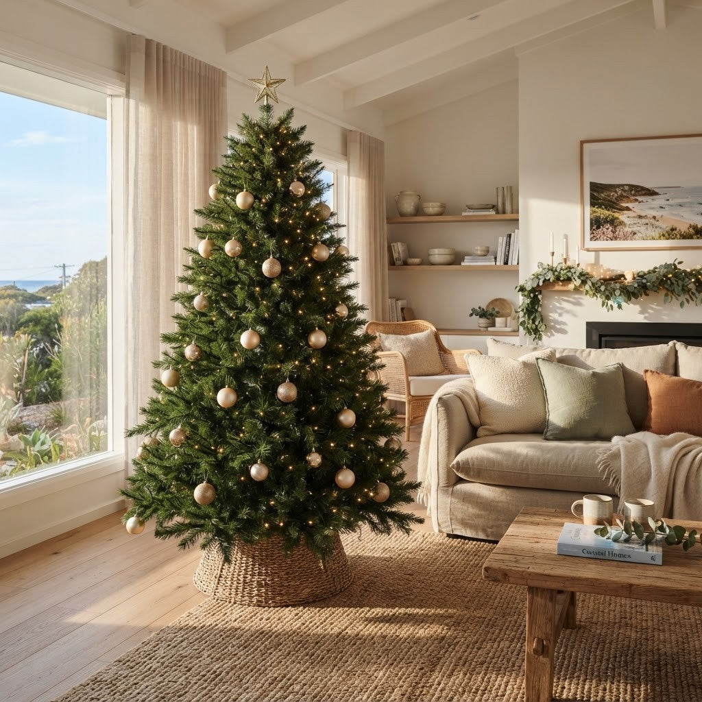 Realistic PE artificial Christmas tree with warm white lights in a bright Australian living room