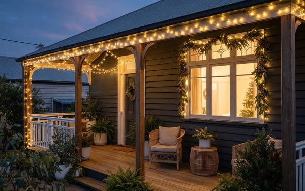 Renter-friendly Christmas lights clipped along a suburban verandah without nails