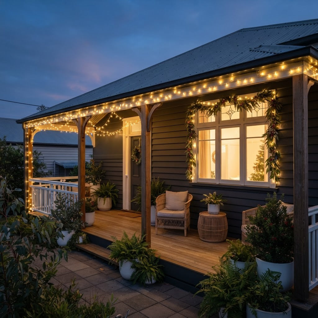 Renter-friendly Christmas lights clipped along a suburban verandah without nails