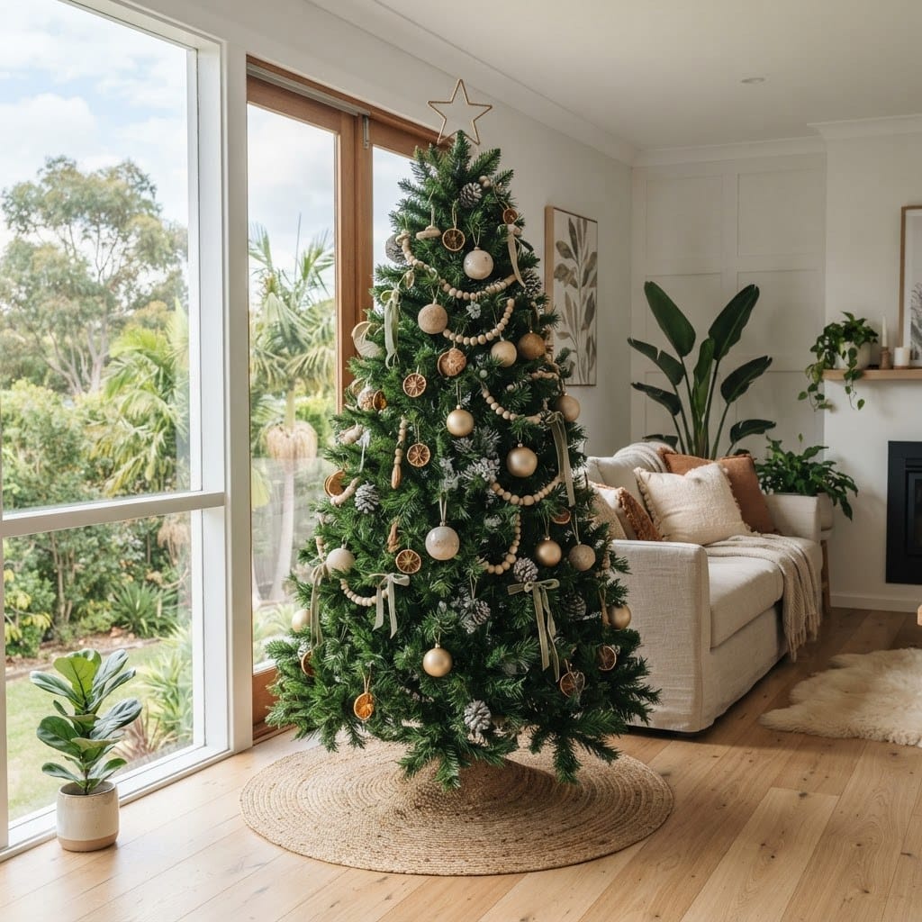Half-fluffed artificial Christmas tree showing fanned branch tips in an Australian living room