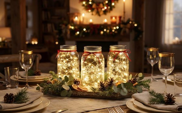 Glass jars of glowing battery-operated fairy lights as a table centrepiece