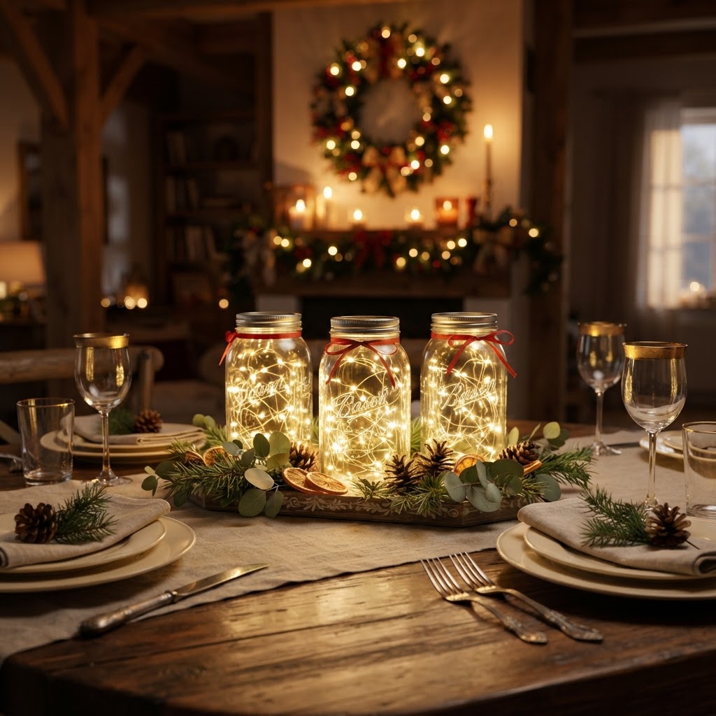 Glass jars of glowing battery-operated fairy lights as a table centrepiece