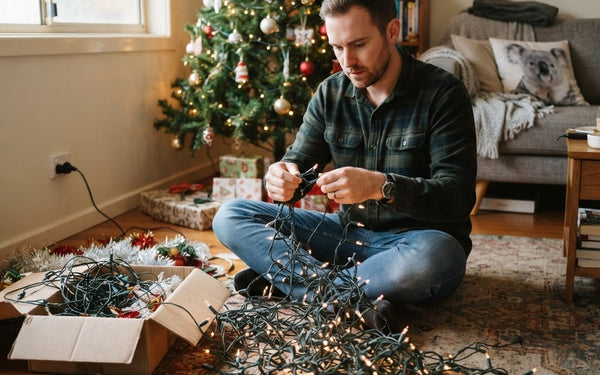 Untangling a string of warm white mains-powered indoor Christmas lights near a Christmas tree