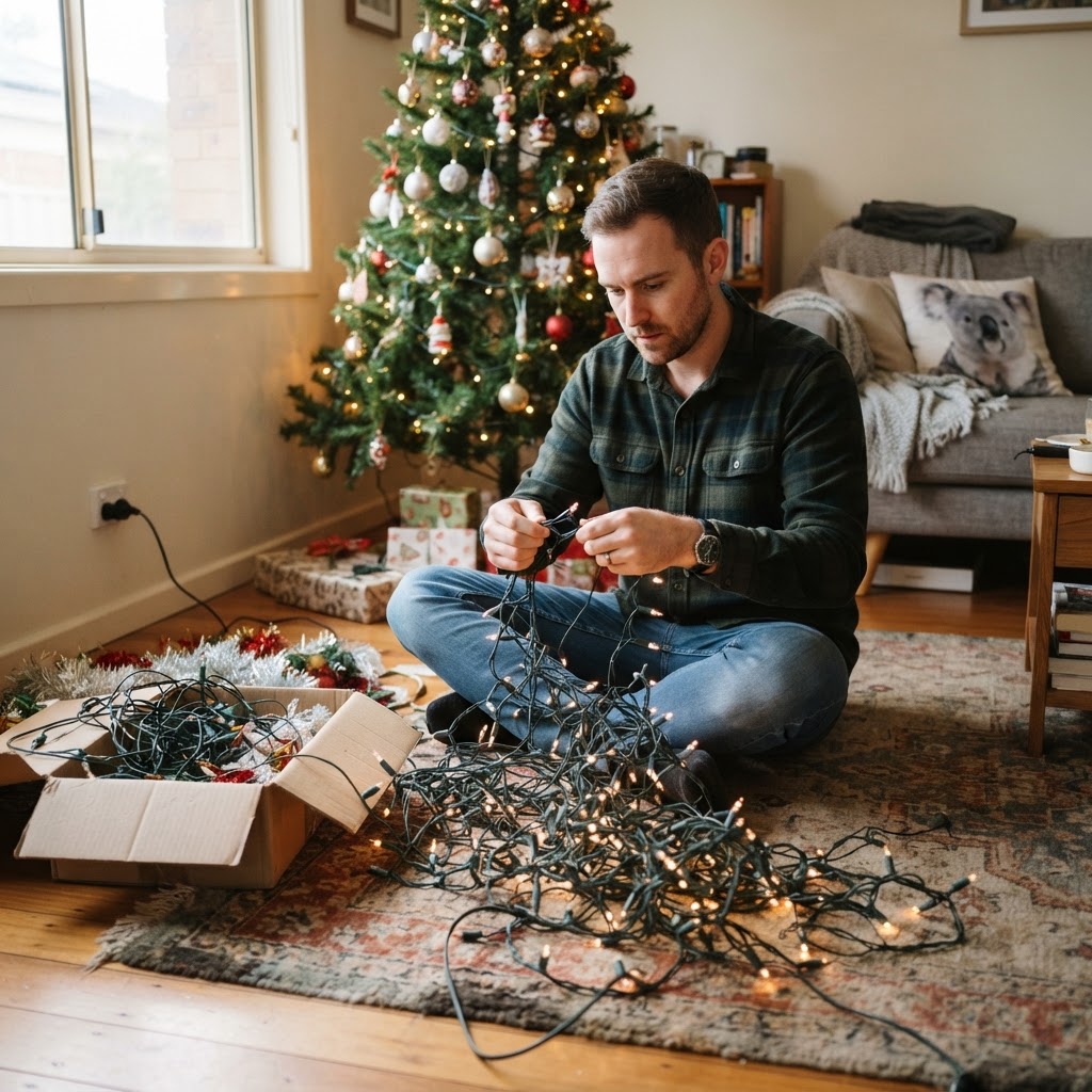 Untangling a string of warm white mains-powered indoor Christmas lights near a Christmas tree
