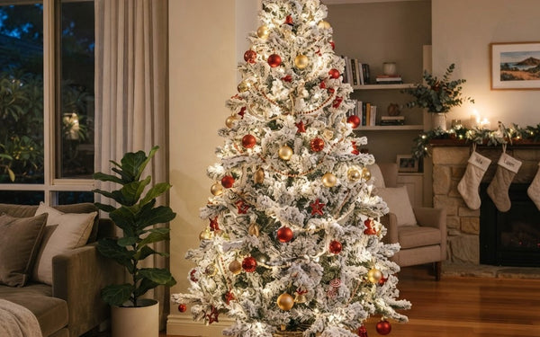 Flocked Christmas tree with thick white snow coating in an Australian home