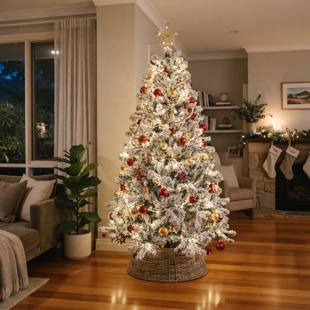 Flocked Christmas tree with thick white snow coating in an Australian home