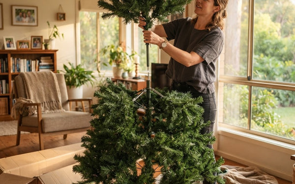 Lifting the top section of a hinged artificial Christmas tree into place