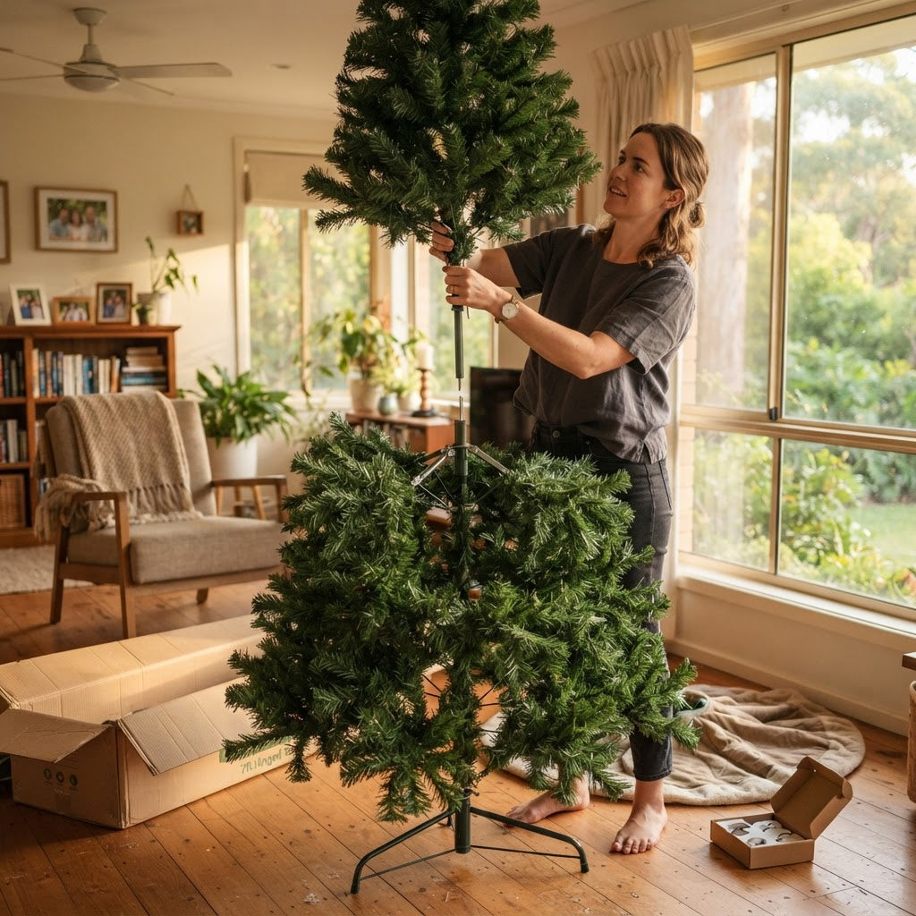 Lifting the top section of a hinged artificial Christmas tree into place