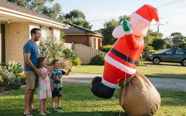 A family watching a large inflatable Santa rise and take shape on the front lawn
