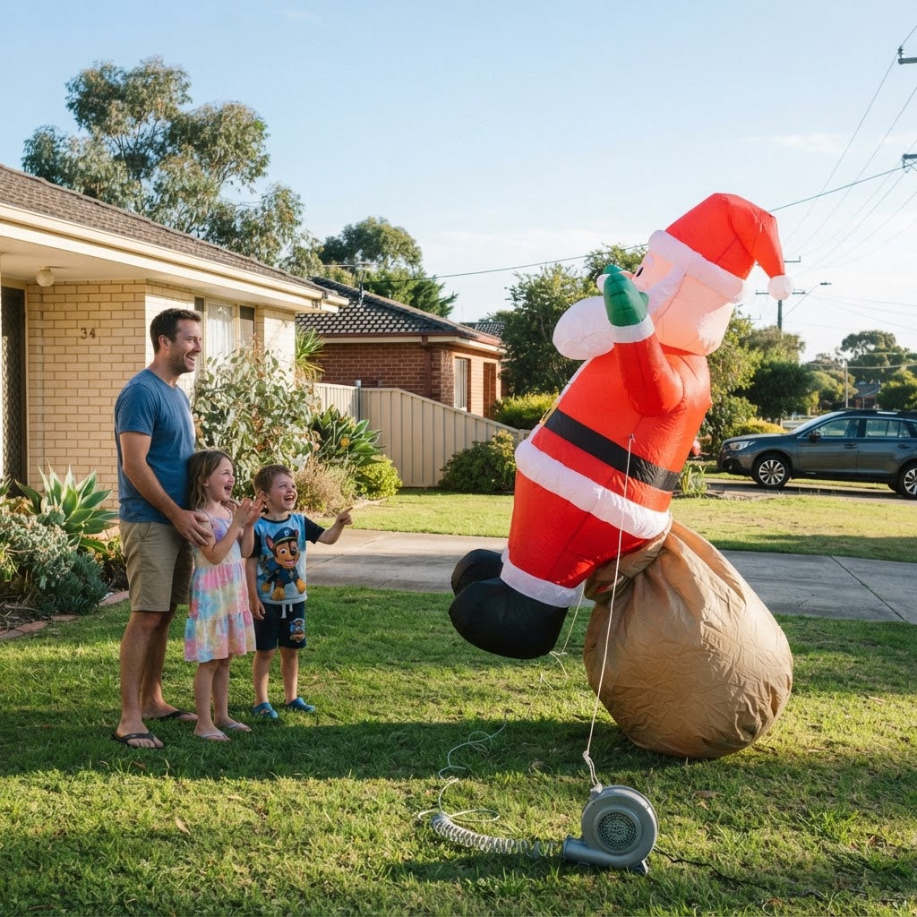 A family watching a large inflatable Santa rise and take shape on the front lawn