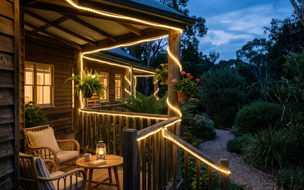 Warm white rope light traced along a verandah railing at dusk