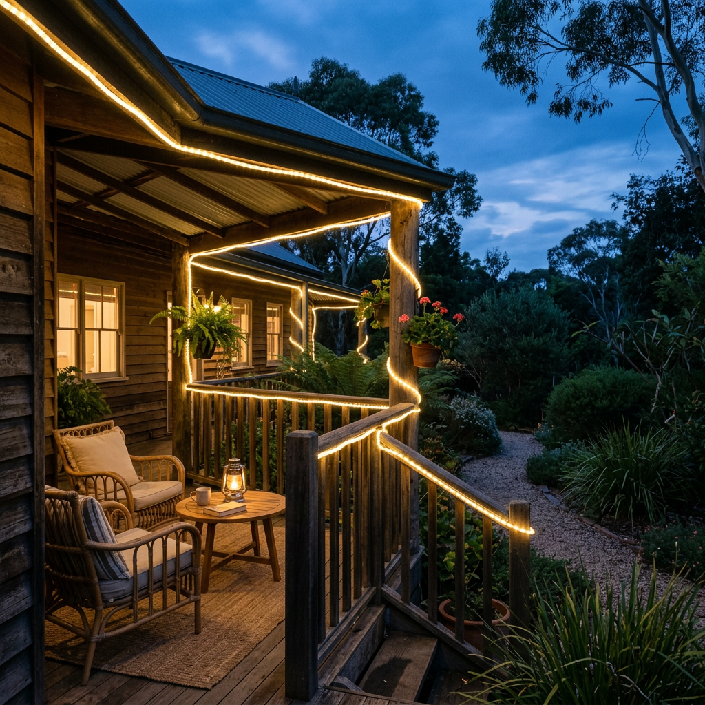 Warm white rope light traced along a verandah railing at dusk