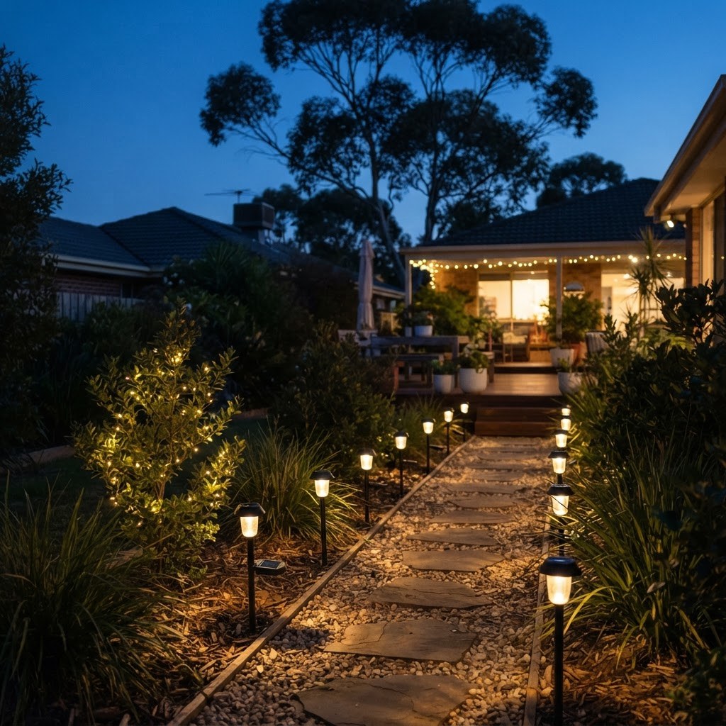 Solar Christmas lights glowing at dusk in an Australian backyard