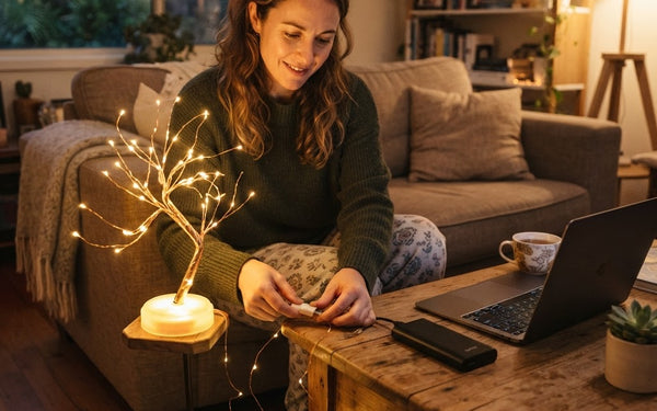 Plugging a USB fairy light string into a power adapter beside a glowing USB desk tree