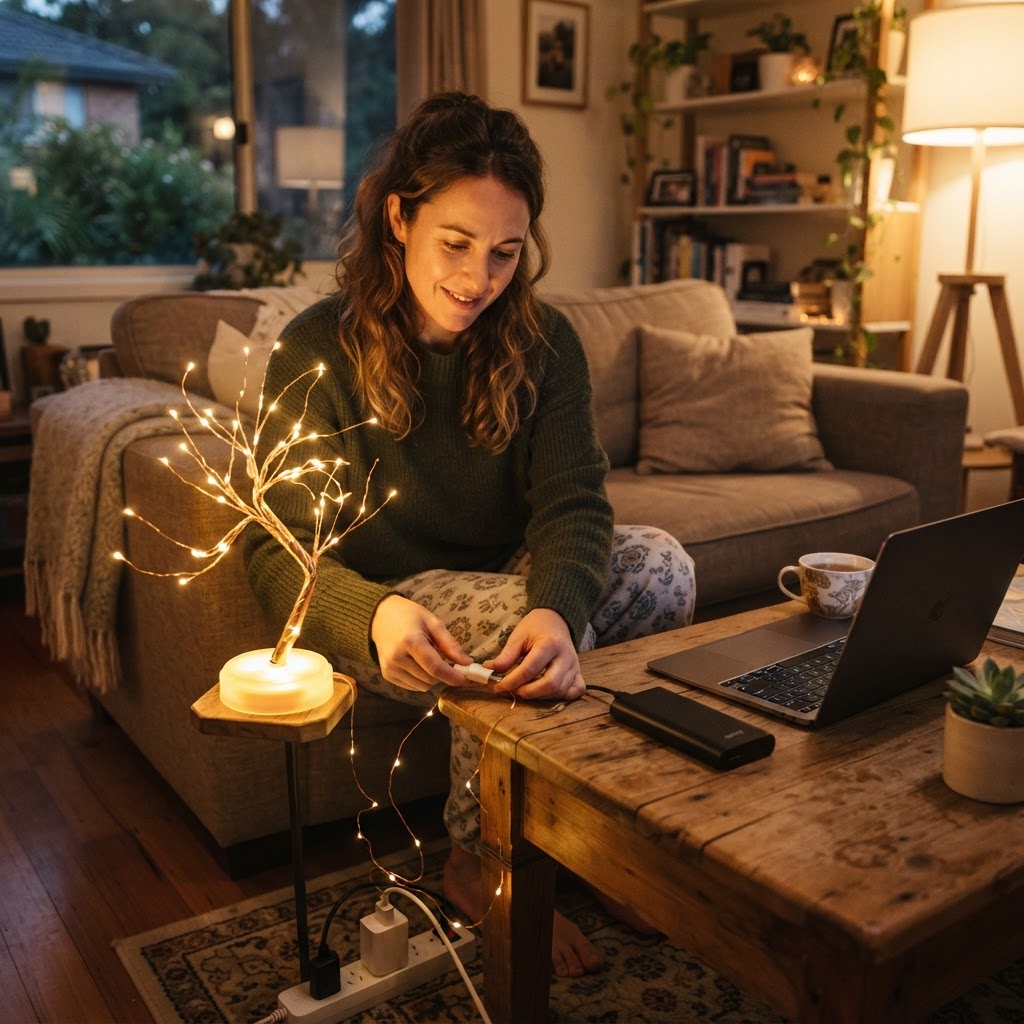 Plugging a USB fairy light string into a power adapter beside a glowing USB desk tree