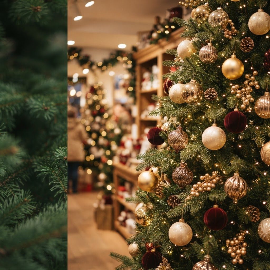Decorated Christmas tree with ornaments and warm white lights