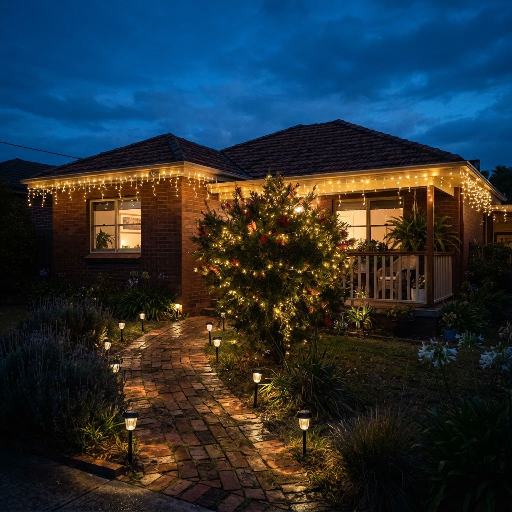 Solar Christmas lights illuminating an Australian front yard at twilight