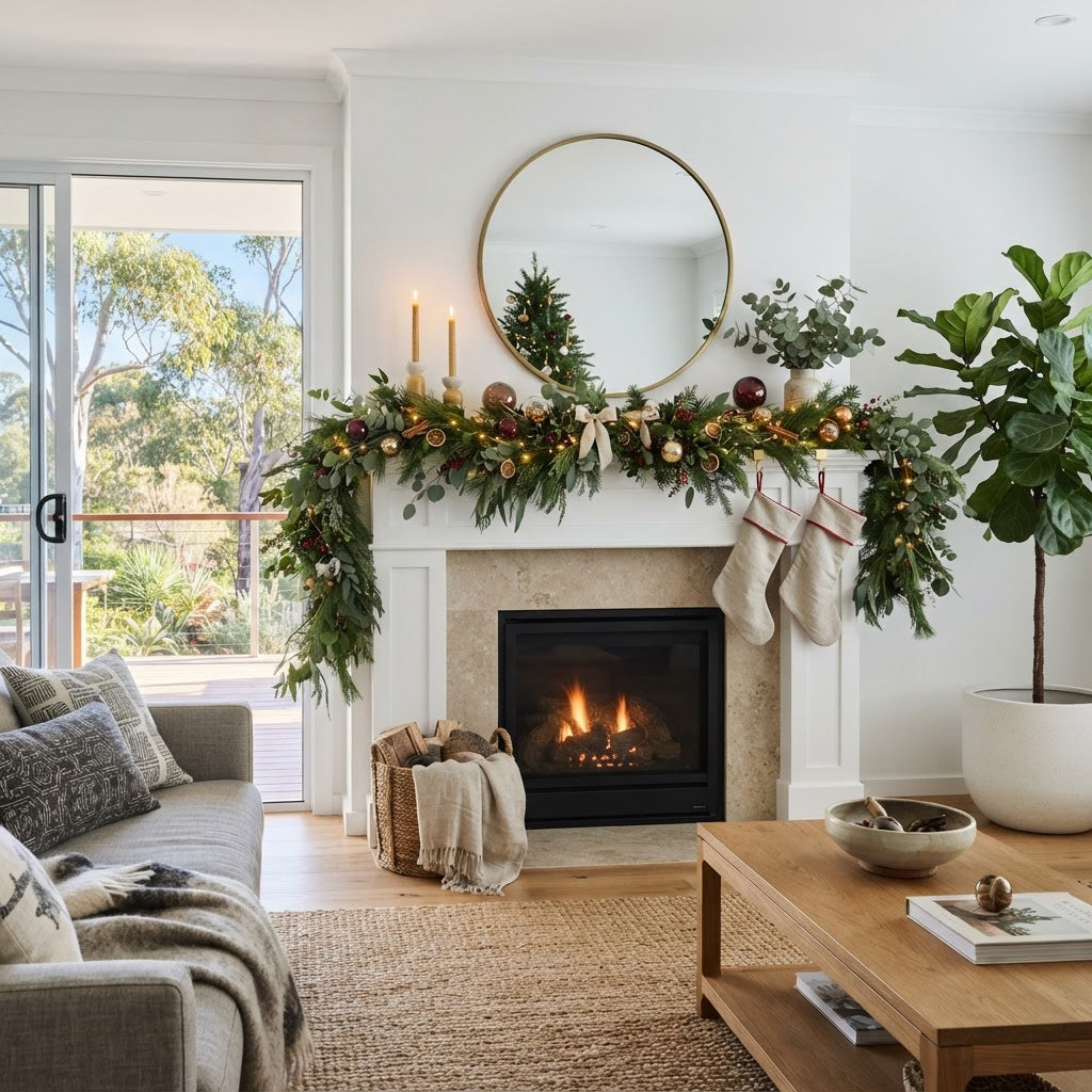 Christmas garland styled along a mantel in an Australian home