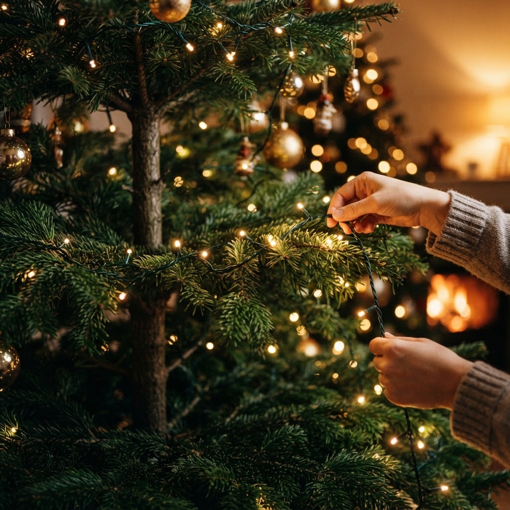 Putting warm white lights on a Christmas tree from the trunk out