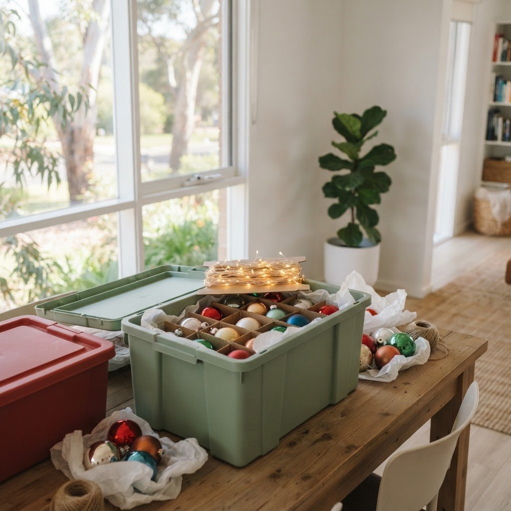 Christmas decorations packed properly in labelled lidded storage boxes and divided ornament storage in an Australian home