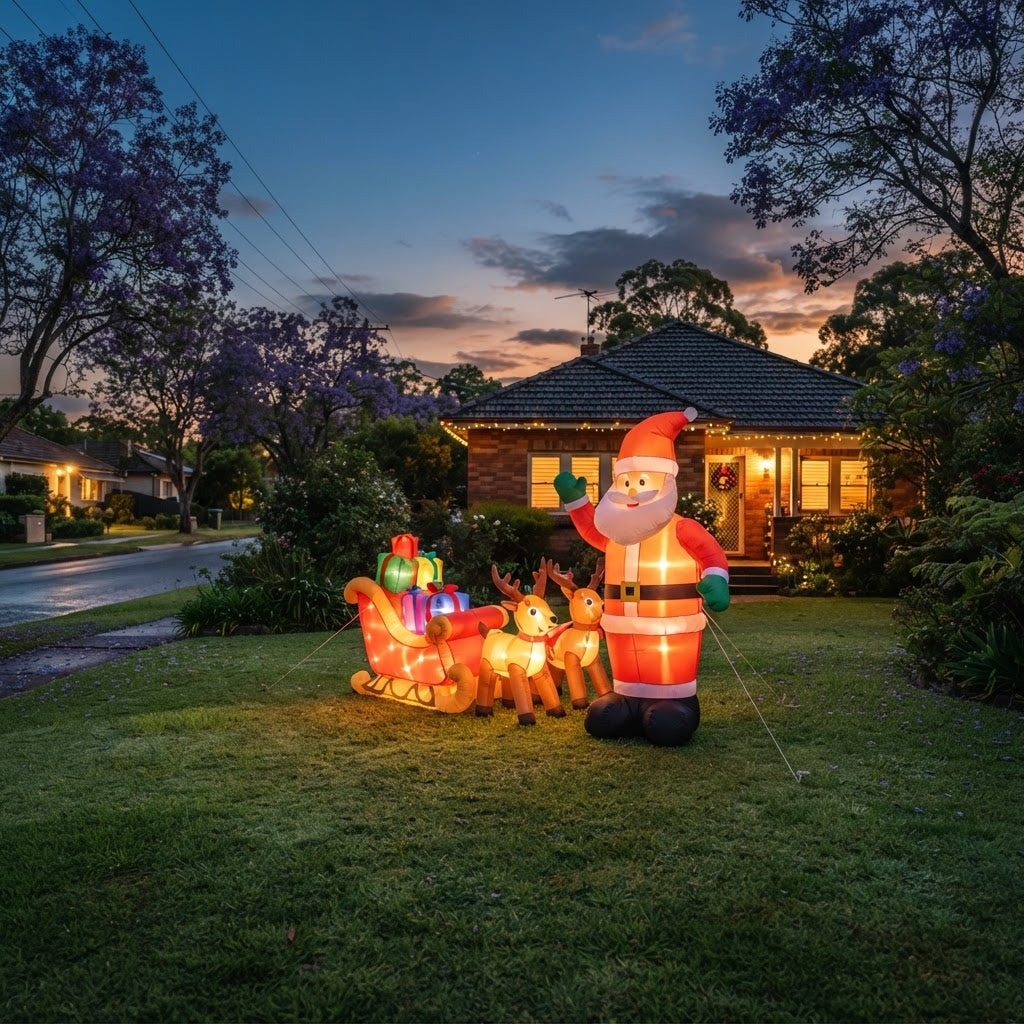 Inflatable Santa Claus with sleigh glowing at dusk on an Australian front lawn