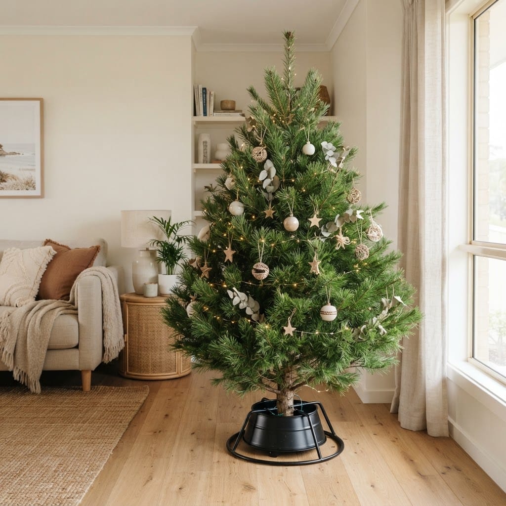 Fresh-cut real Christmas tree with warm lights in an Australian living room