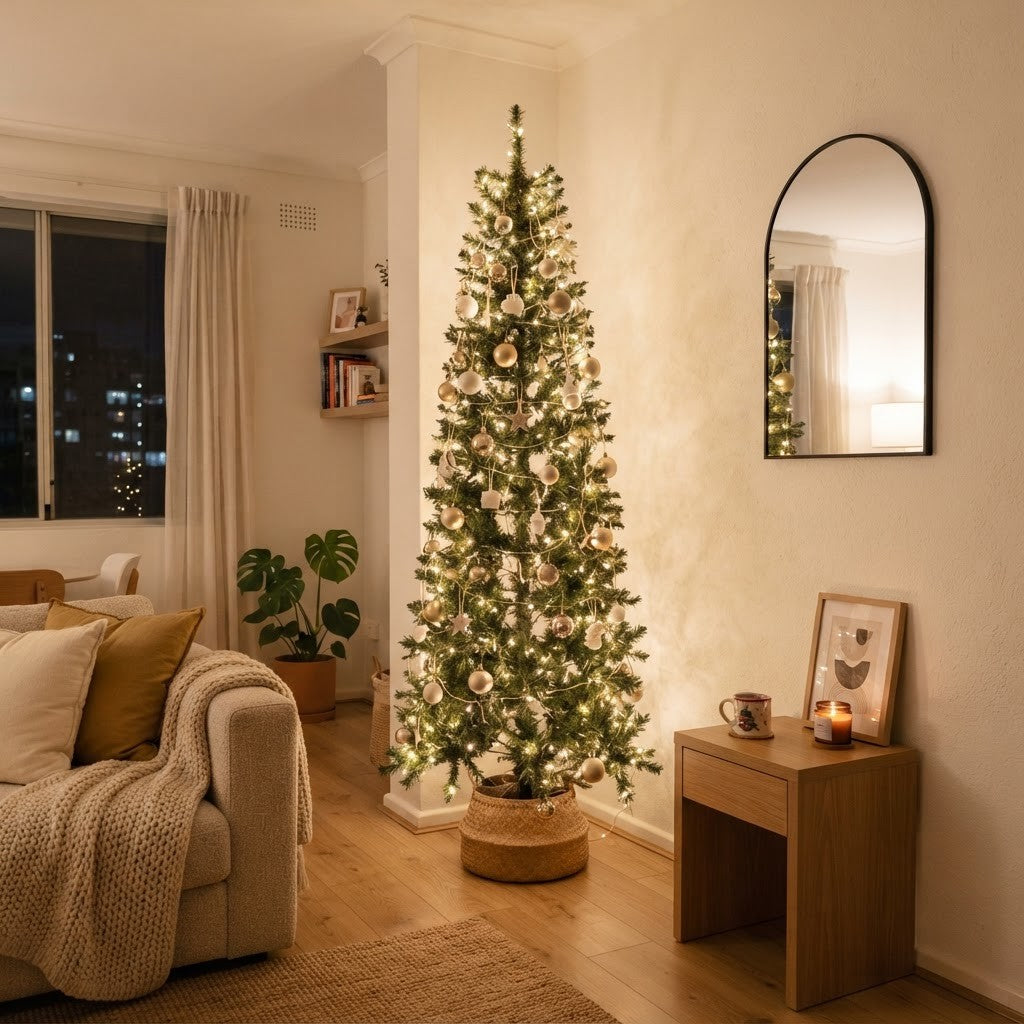 Slim and pencil Christmas trees in narrow apartment spaces