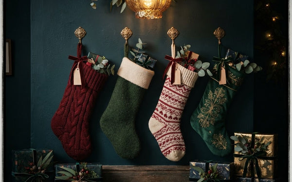Christmas stockings hanging on a dark green wall without a fireplace, styled for an Australian home