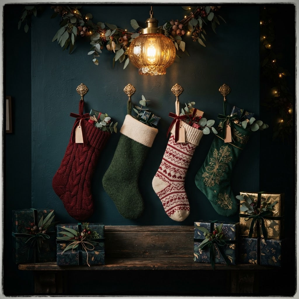 Christmas stockings hanging on a dark green wall without a fireplace, styled for an Australian home