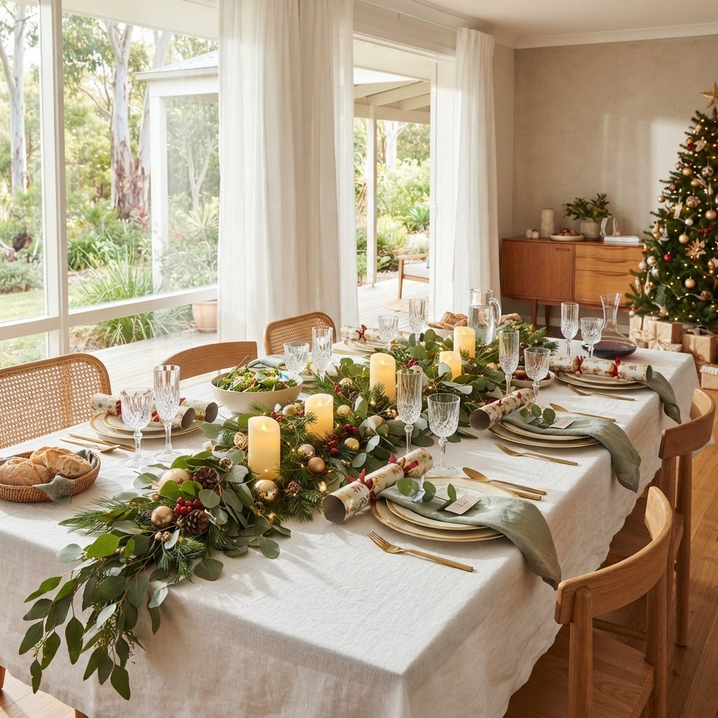 A fully set Christmas table with a greenery runner, gold and red decorations and candles in a sunlit Australian dining room