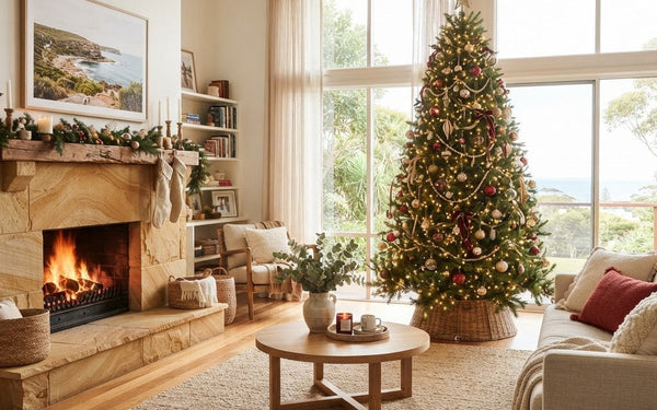 Grand realistic pre-lit Christmas tree with warm white lights and red and gold baubles in a bright Australian living room